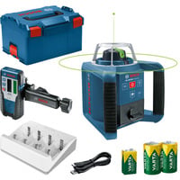 Bosch Professional Rotationslaser GRL 300 HVG Professional, mit Halterung blau/schwarz, grüne Laserlinie, mit Laser-Empfänger LR 1, VARTA Ladegerät + Akkus, in L-BOXX