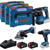 Bosch 18V Profi Set, GBH 18V-22 + GSR 18V-65 + GWS 18V-8 Professional, Werkzeug-Set blau, 2x Li-Ion Akku 5,0Ah, in 3 L-BOXXen