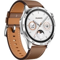 Huawei Watch GT4 46mm (Phoinix-B19L), Smartwatch silber, braunes Lederarmband