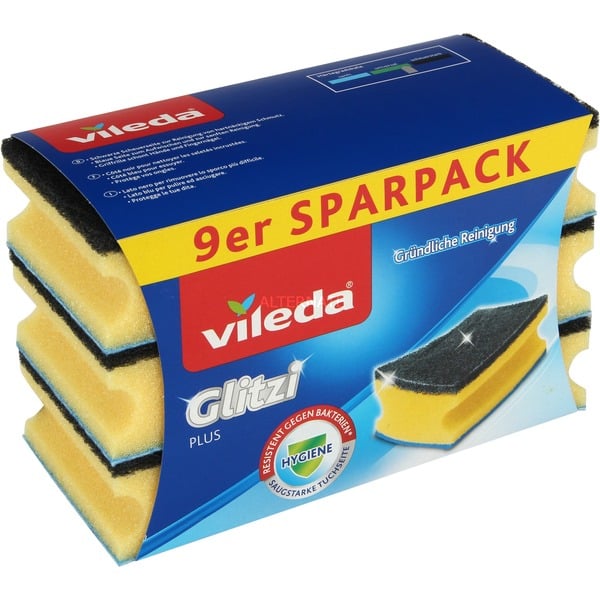 Vileda Glitzi plus Topfreiniger, mit Antibac, Schwamm gelb, 9er 