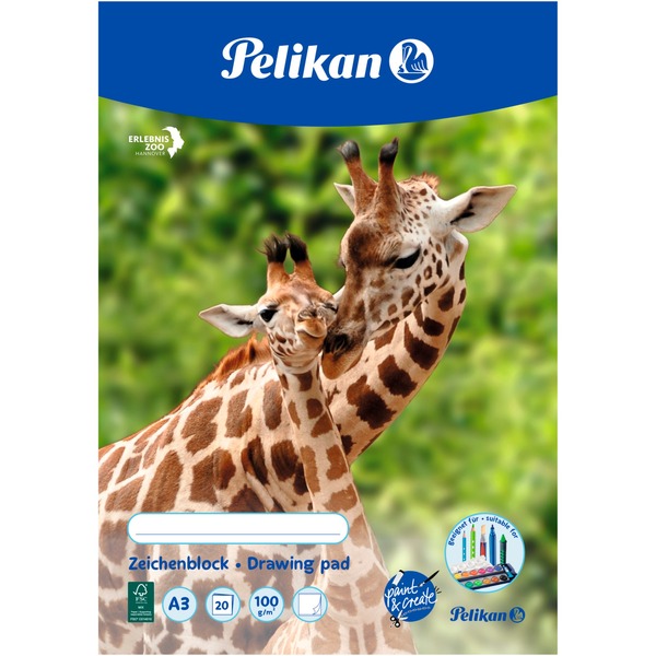 Pelikan Zeichenblock DIN A3 20 Blatt, Heft Deckblatt mit verschiedenen  Tiermotiven