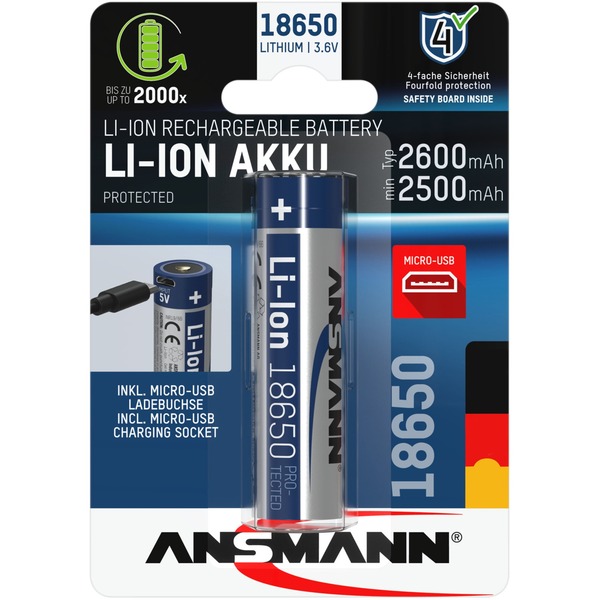 Ansmann Li-Ion Akku 2.600 mAh, mit Micro-USB Ladebuchse 18650, 1 Stück