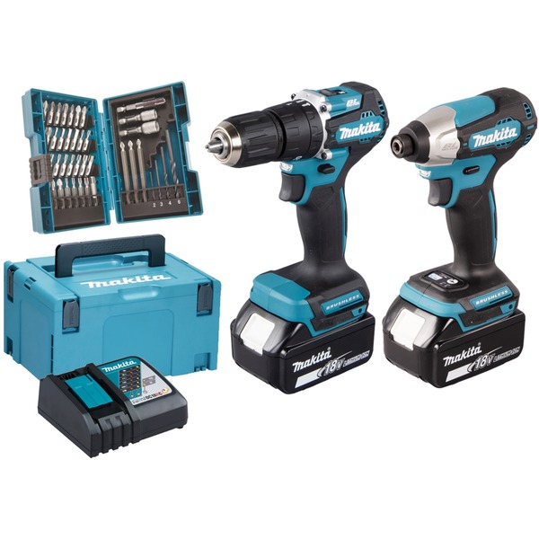 Makita Akku-Kombo-Kit DLX2414JX4 18Volt Schlagbohrschrauber (blau/schwarz 2x Li-Ion-Akku 3 0 Ah MAKPAC Gr. 3)