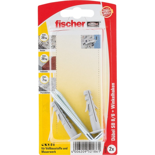 fischer Spreizdübel SB 8/6 K (grau 2 Stück mit Winkelhaken)