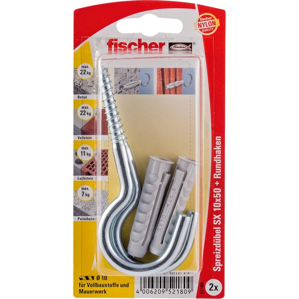 fischer Spreizdübel SX 10x50 HV K (hellgrau 2 Stück mit Rundhaken) fischer Spreizdübel SX 10x50 HV K (hellgrau 2 Stück mit Rundhaken)