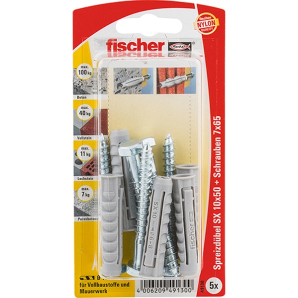 fischer Spreizdübel SX 10x50 S K (hellgrau 5 Stück mit Schraube) fischer Spreizdübel SX 10x50 S K (hellgrau 5 Stück mit Schraube)