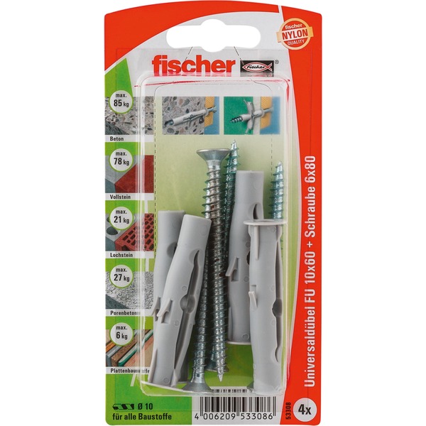 fischer Universaldübel FU 10x60 S K (grau 4 Stück mit Schraube) fischer Universaldübel FU 10x60 S K (grau 4 Stück mit Schraube)