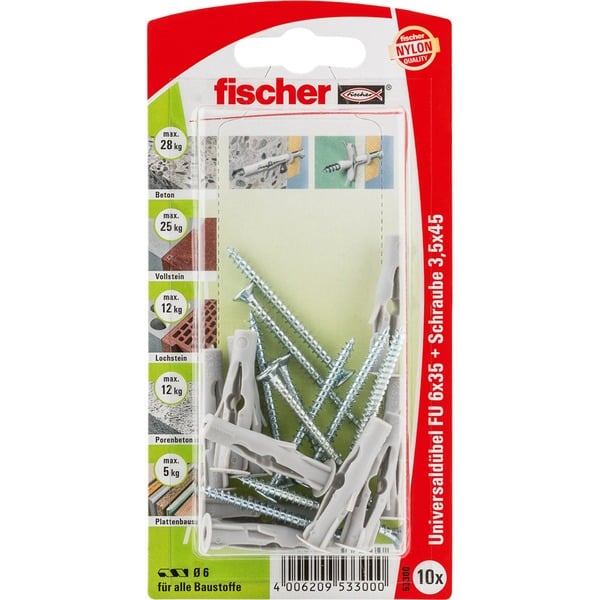 fischer Universaldübel FU 6x35 S K (grau 10 Stück mit Schraube) fischer Universaldübel FU 6x35 S K (grau 10 Stück mit Schraube)