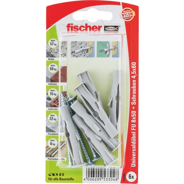fischer Universaldübel FU 8x50 S K (grau 6 Stück mit Schraube) fischer Universaldübel FU 8x50 S K (grau 6 Stück mit Schraube)