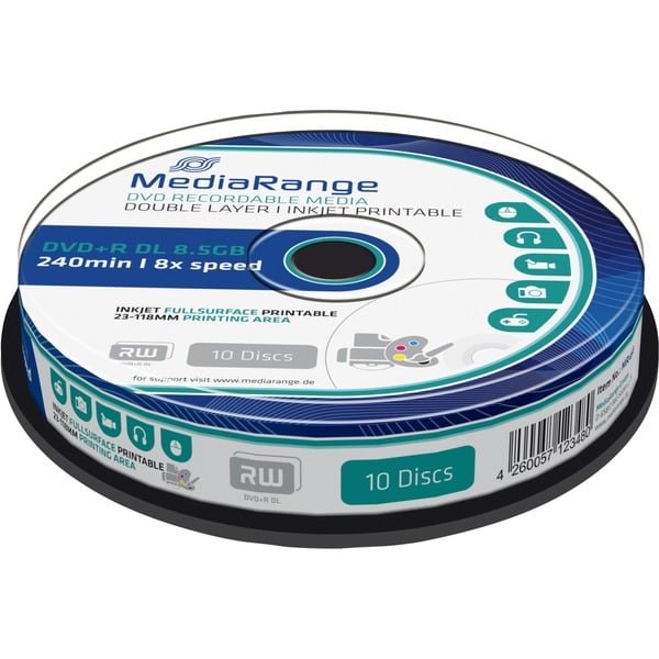 MediaRange DVD+R DL 8,5 GB, DVDRohlinge 8fach, 10 Stück, bedruckbar MediaRange DVD+R DL 8,5 GB, DVDRohlinge 8fach, 10 Stück, bedruckbar