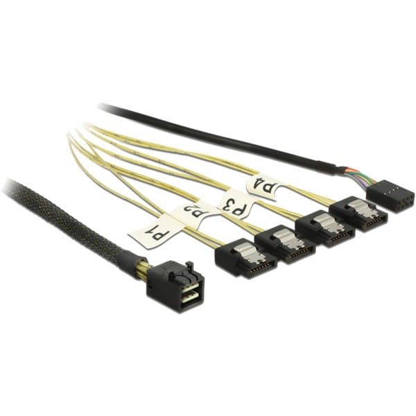 DeLOCK Adapterkabel Mini SAS HD SFF8643 > 4x SATA 7 Pin Reverse schwarz, 1 Meter, mit Sideband