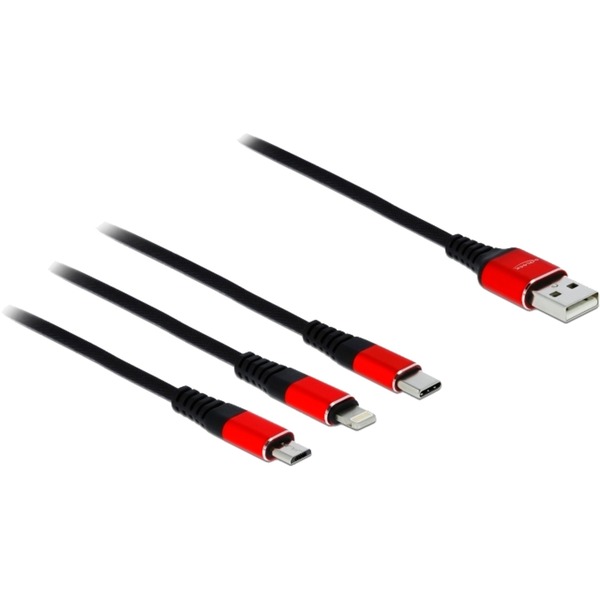 DeLOCK USB Ladekabel USB-A Stecker > USB-C + Micro USB + Lightning Stecker (schwarz/rot 1 Meter gesleevt nur Ladefunktion)