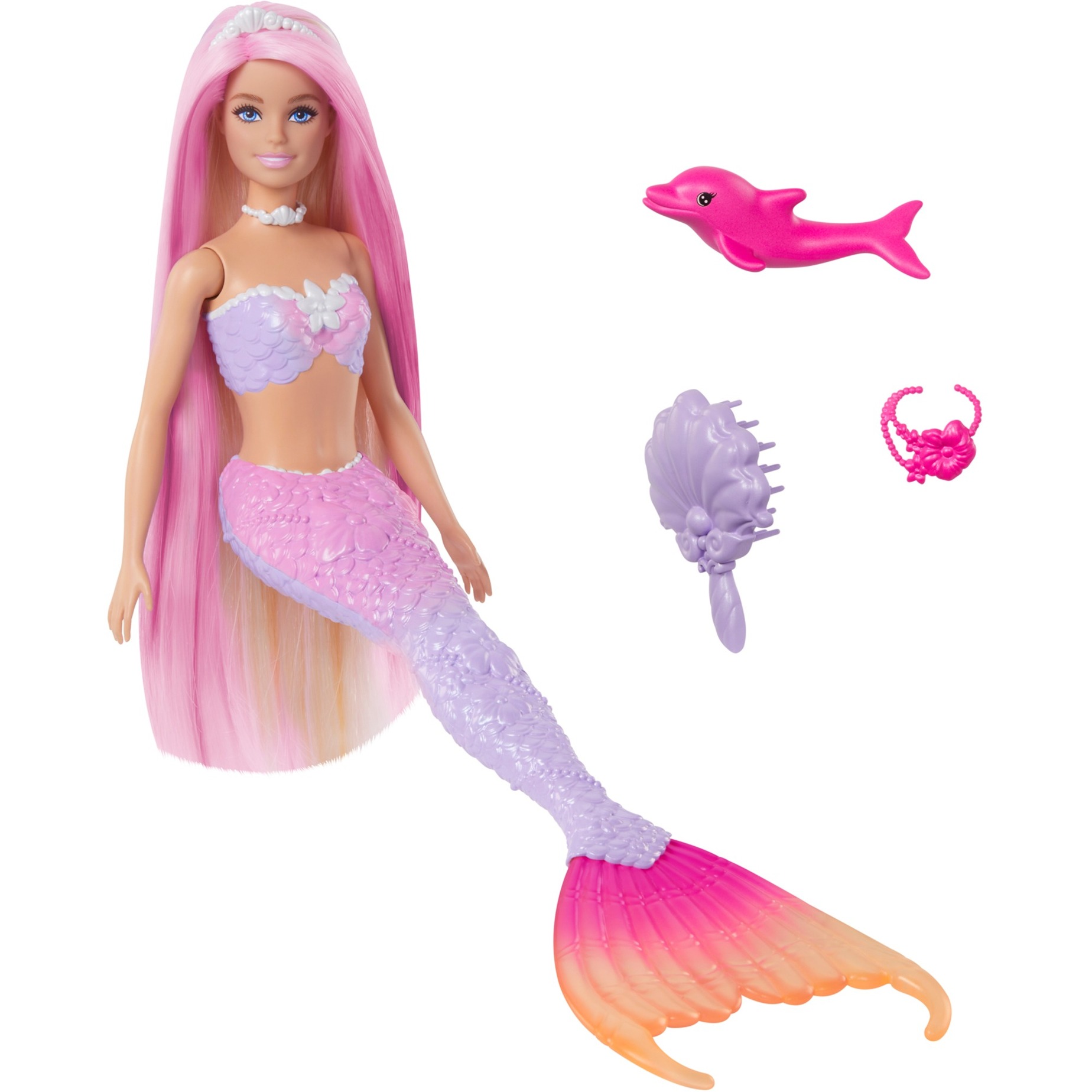 Barbie Malibu Meerjungfrau-Puppe mit Farbwechseleffekt, Delfin und Accessoires