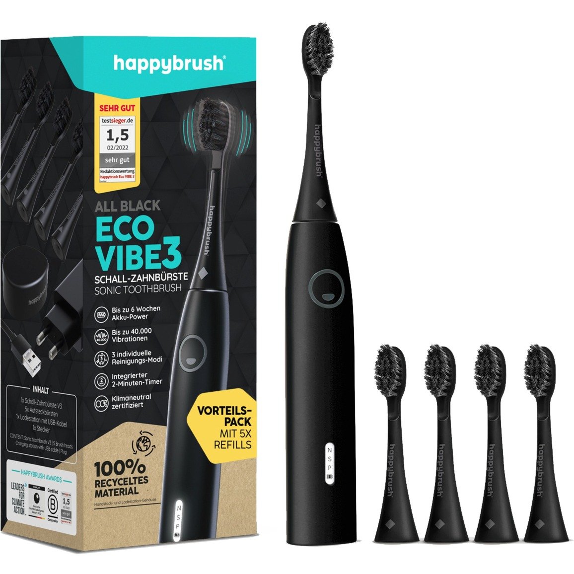 happybrush StarterKit Schall Eco VIBE 3 All Black, Elektrische Zahnbürste | 04260486333689 happybrush StarterKit Schall Eco VIBE 3 All Black, Elektrische Zahnbürste | 04260486333689