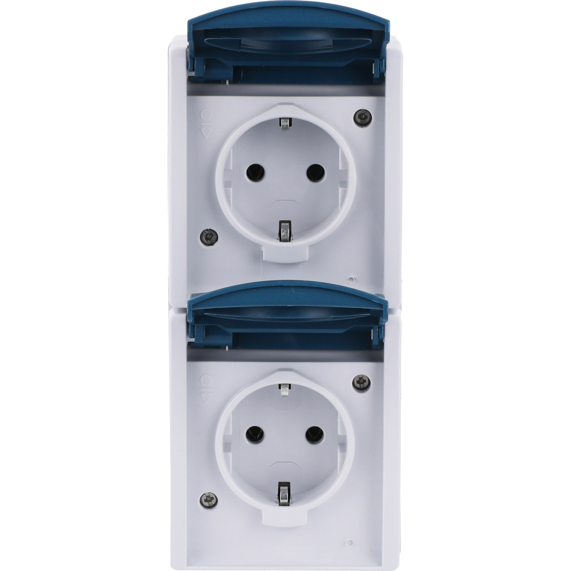Schutzkontakt-Steckdose zweifach, senkrecht, Aufputz, mit Beschriftungsfeld, 16 Ampere, 250 Volt