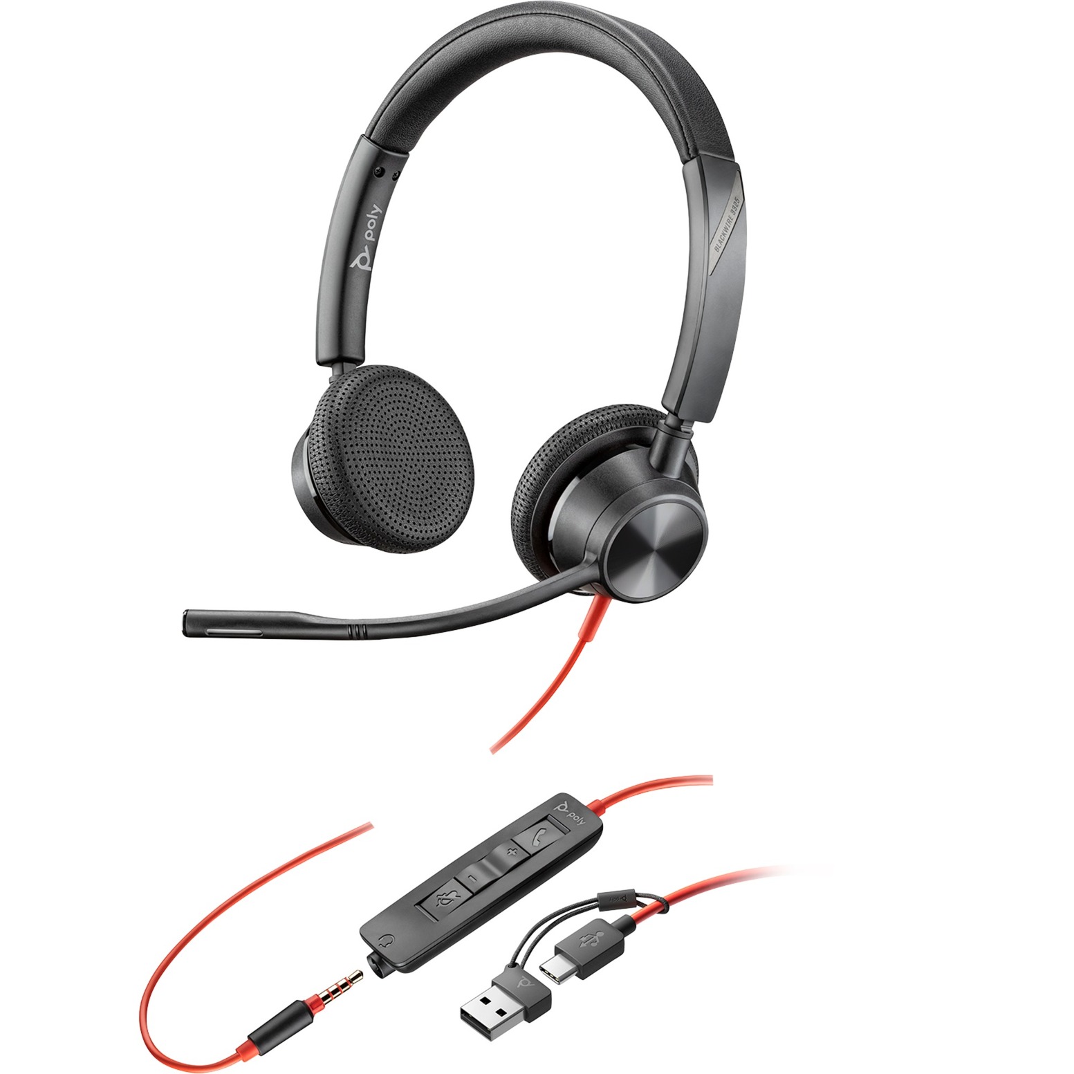 Poly Blackwire 3325 USB-C Stereo-Headset + 3,5 mm-Stecker + USB-C/A-Adapter