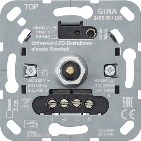 LED Universal-Dimmereinsatz Komfort, Unterputz, Dreh- und Druckknopf, 230 Volt, 50-60 Hz