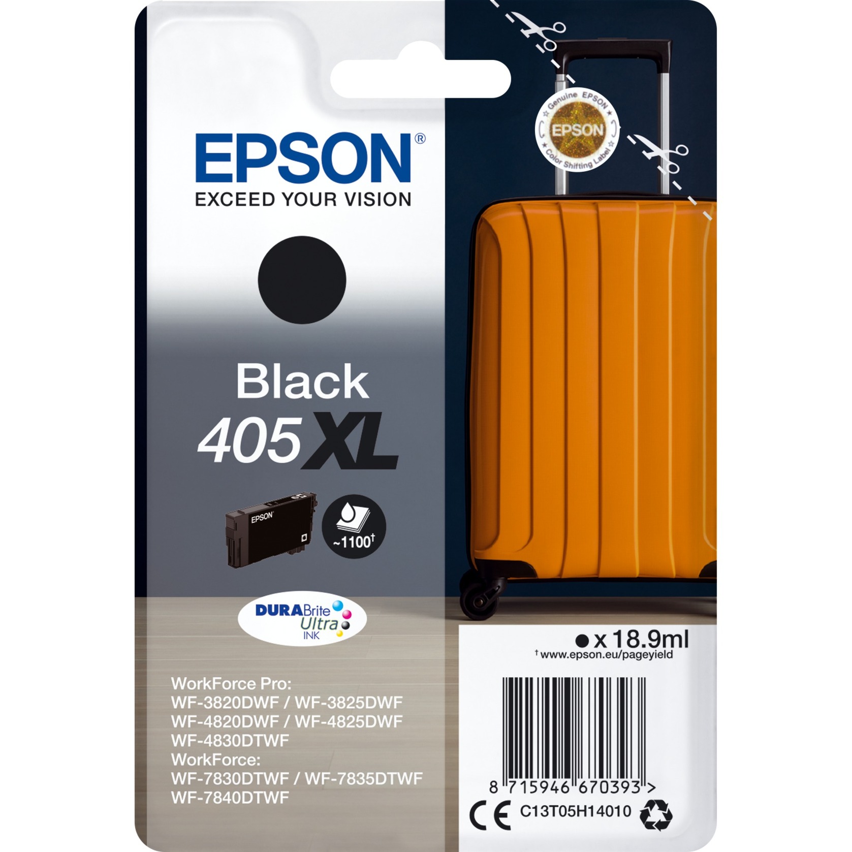 Epson 405XL Tintenpatrone Schwarz 1.100 Seiten Für Kompatibilität, siehe Artikel-Beschreibung | Niedrigere Druckkosten Dank XL-Tintenpatrone