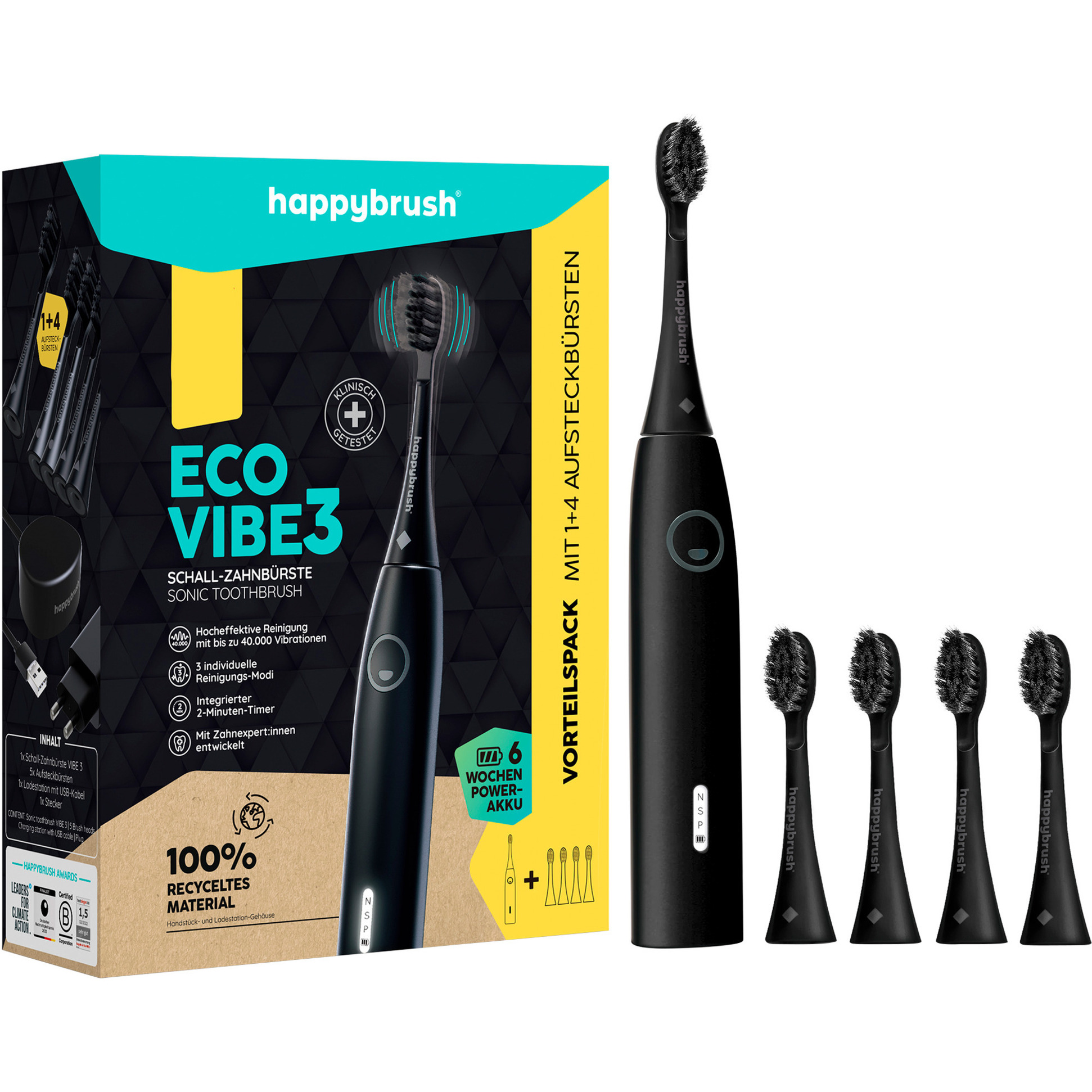 ECO VIBE 3 Starterkit All Black + 4 Refills, Elektrische Zahnbürste