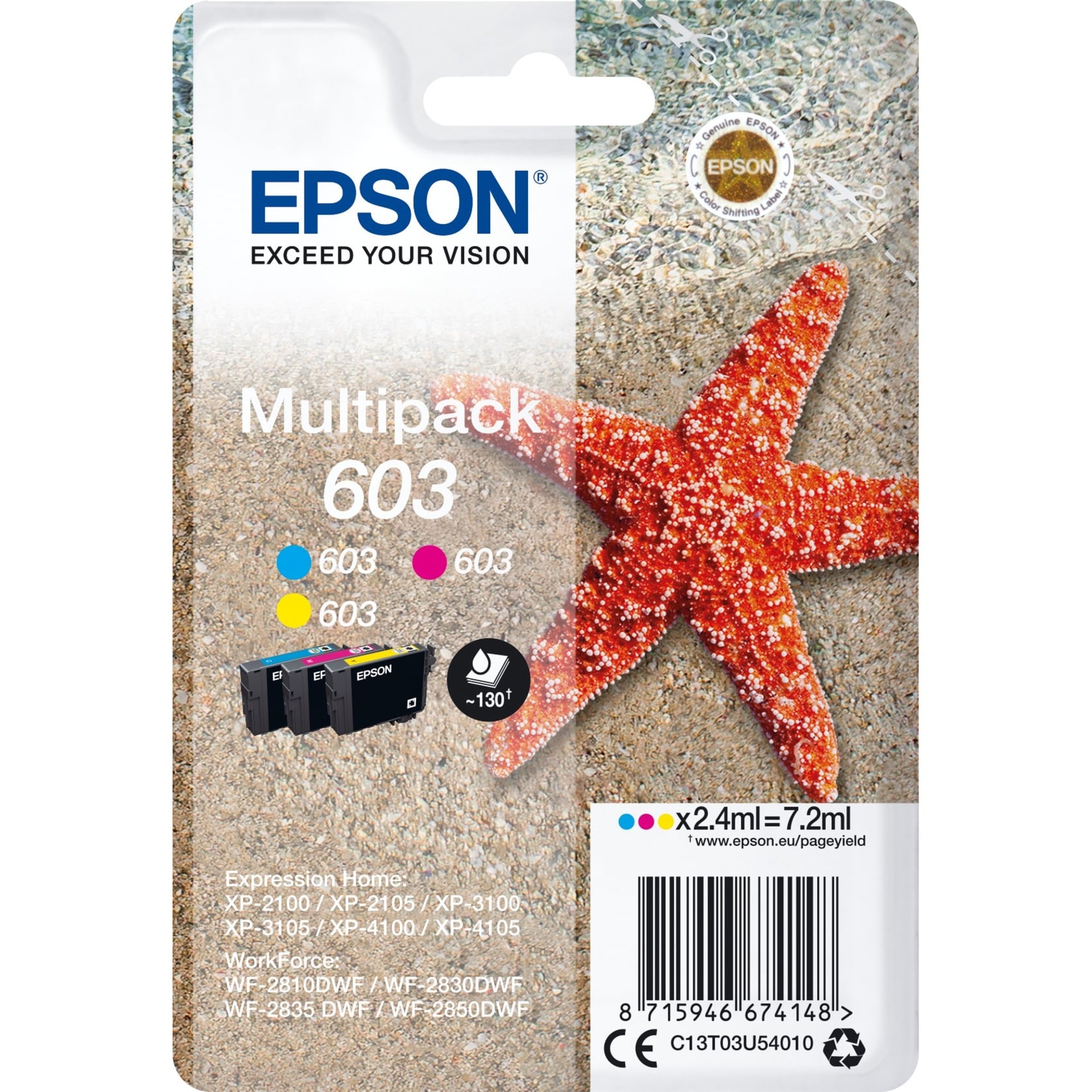 Epson Druckerpatrone 603/T03U54 C13T03U54010 (kompatibel zu Epson 603), cyan/magenta/gelb, ca. 3x 130 Seiten 8715946674148 Epson 3 Stück