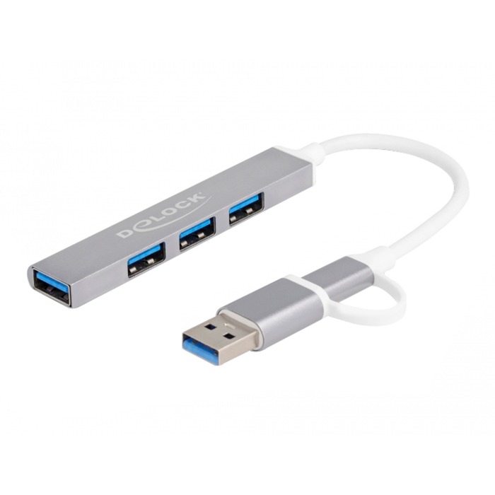 Delock 4 Port Slim USB Hub mit USB Type-C oder USB Typ-A, USB-Hub | 04043619642144