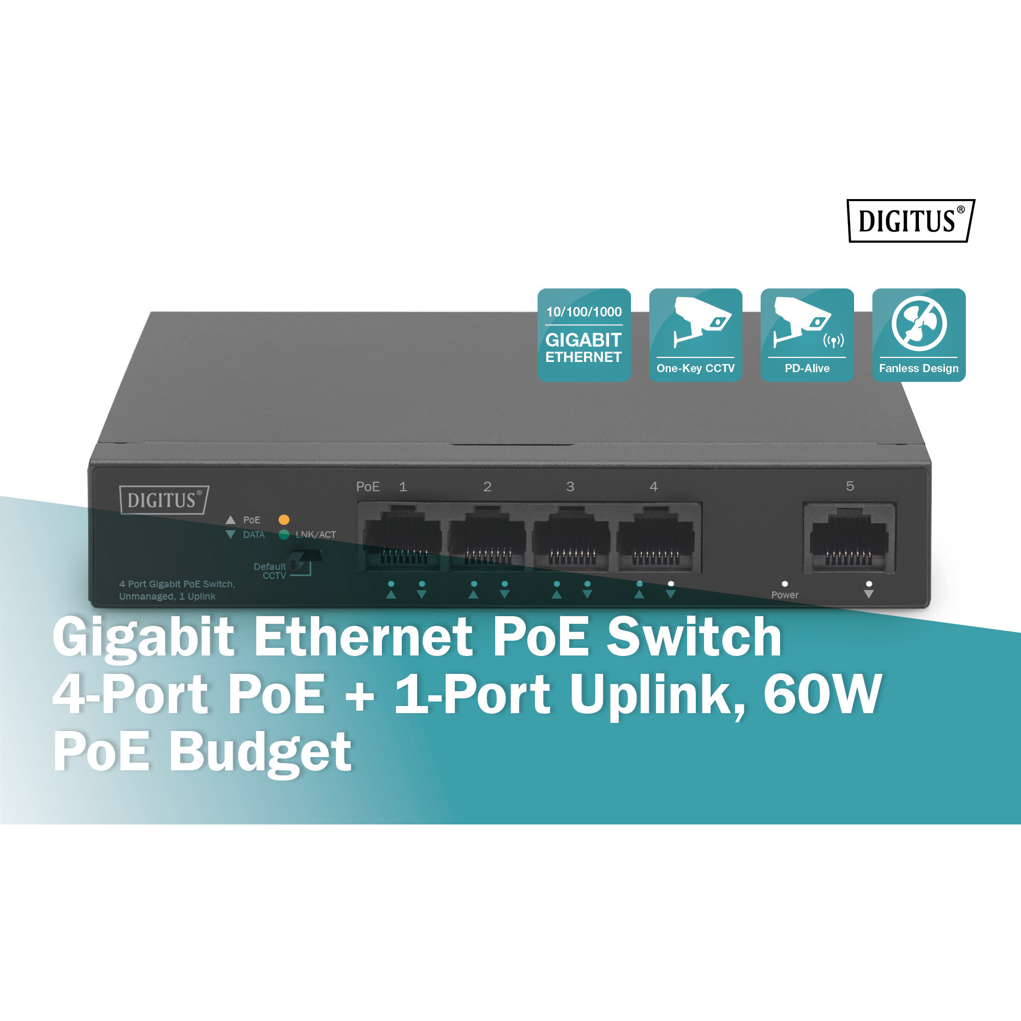 Digitus 4+1-Port Gigabit PoE, Switch schwarz
