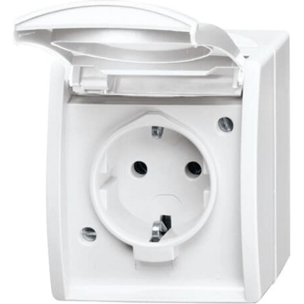 Schutzkontakt-Steckdose CEE 7/3 Typ F mit Klappdeckel, 16 Ampere, 250 Volt, Aufputz