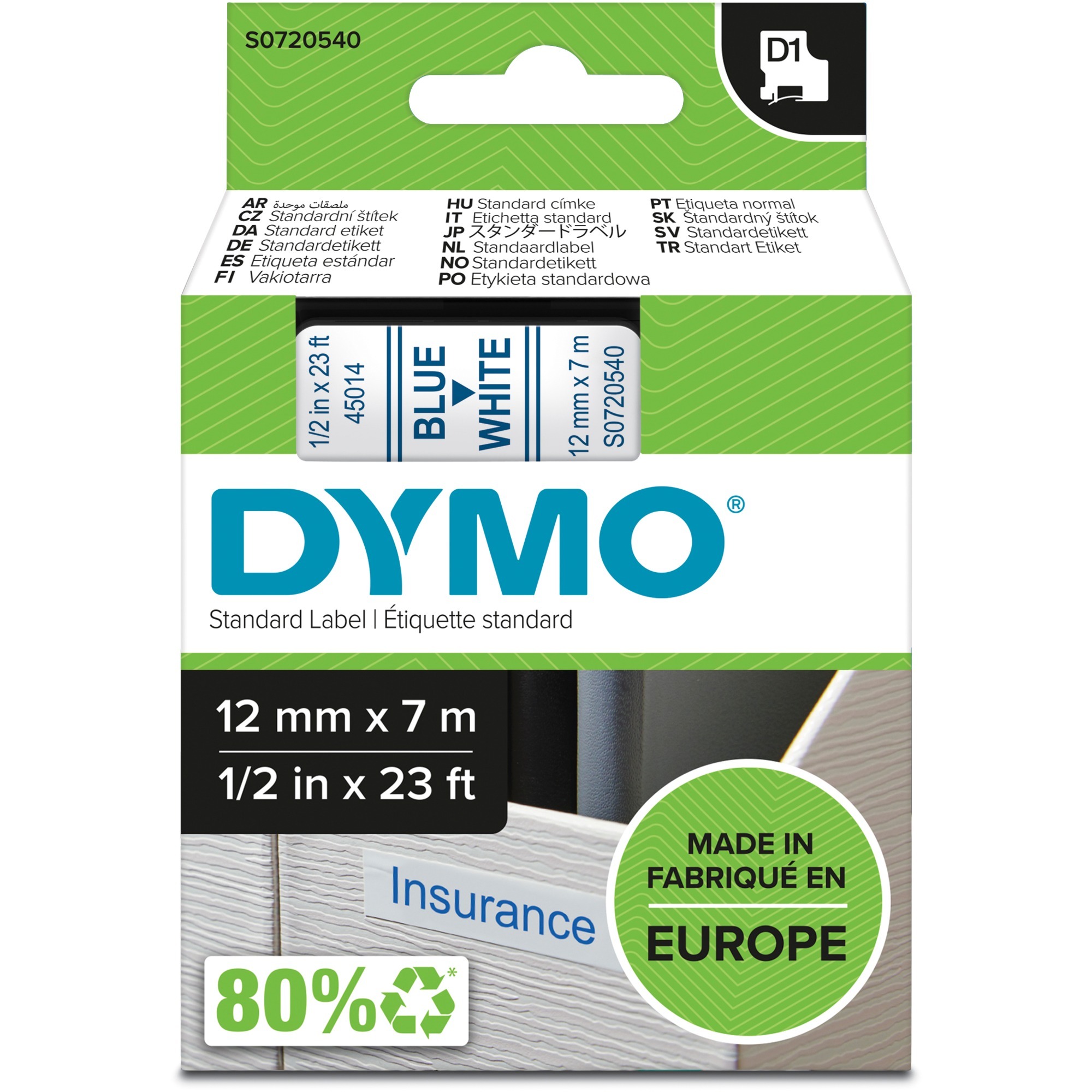 Dymo D1 ORIGINAL Schriftband, blau auf weiß, 12mm x 7m | 05411313450140