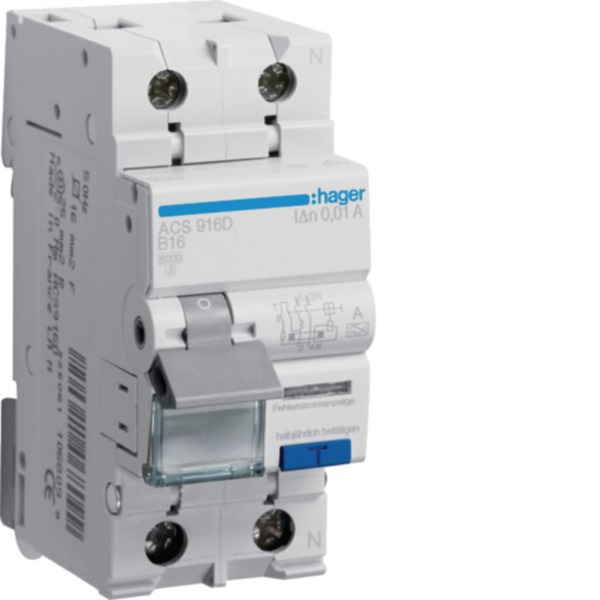 Fehlerstrom-Leitungsschutzschalter 1 Pol + Neutralleiter 6 Kiloampere B-16 Ampere 10 Milliampere, Sicherung