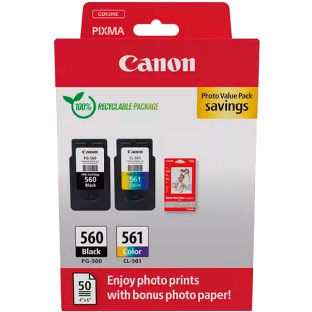 Canon Original PG-560 + CL-561 Druckerpatronen Valuepack - 1 x schwarz / 1 x farbig + 50 Blatt Fotopapier (3713C008)