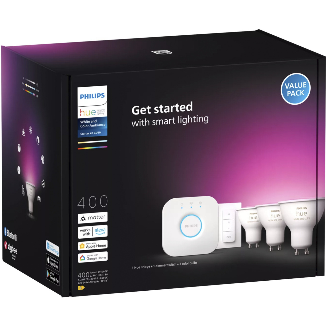 White & Color Ambiance Starter-Set: 3 smarte GU10-Spots + Dimmschalter, LED-Lampe