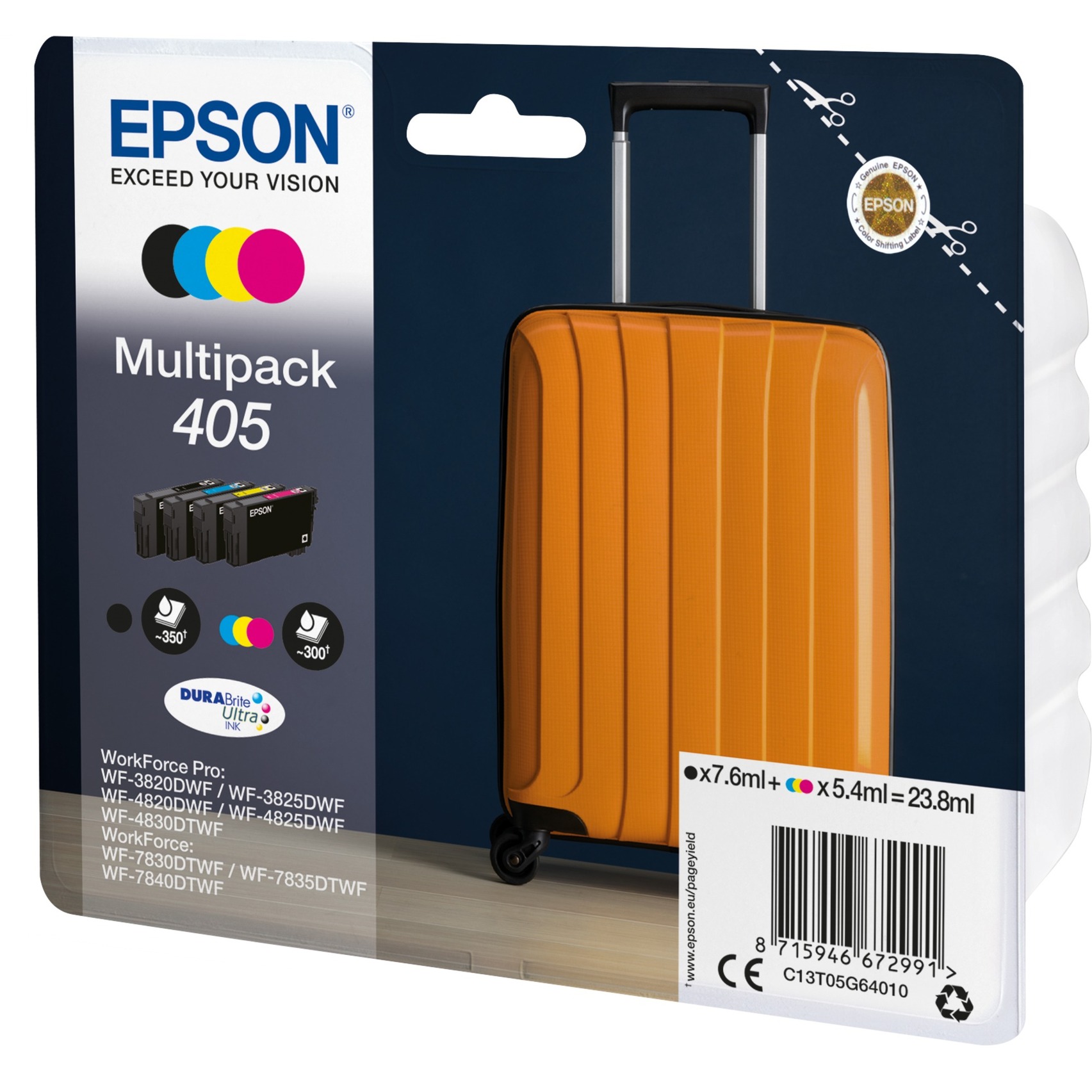 Epson 405 Tintenpatronen 4er-Pack 4x Farben DURABrite Ultra Ink Für Kompatibilität, siehe Artikel-Beschreibung | 4x Tintenpatronen: Schwarz, Magenta,