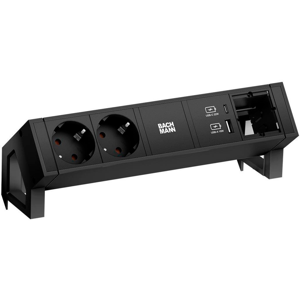 Bachmann DESK 2 Steckdosenleiste 4-fach, 2x Strom, USB-A, USB-C, 1x Custom Modul | 04057298083952 Bachmann DESK 2 Steckdosenleiste 4-fach, 2x Strom, USB-A, USB-C, 1x Custom Modul | 04057298083952
