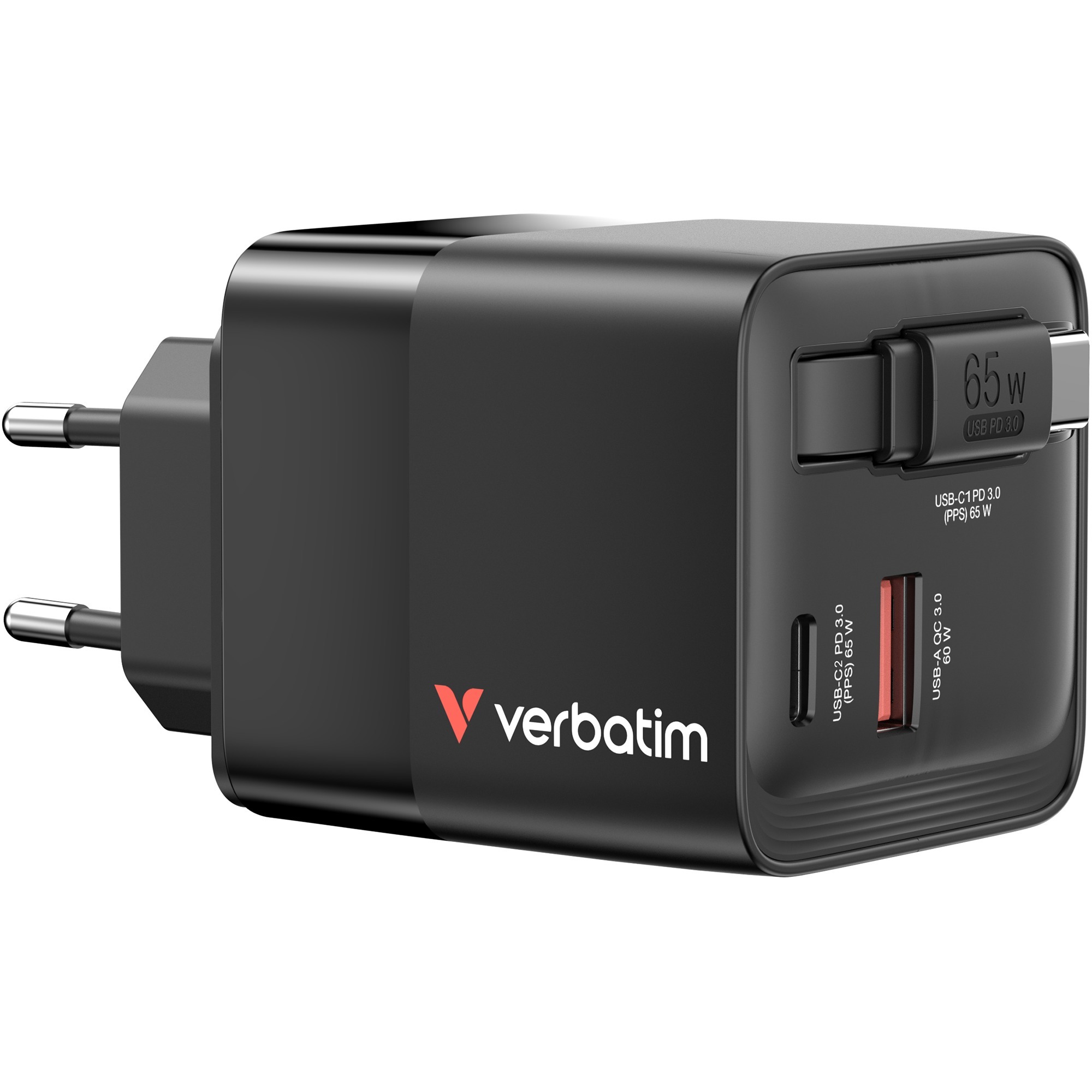 GaN-Ladegerät 65W, 1x USB-A , 2x USB-C, ausziehbares Kabel