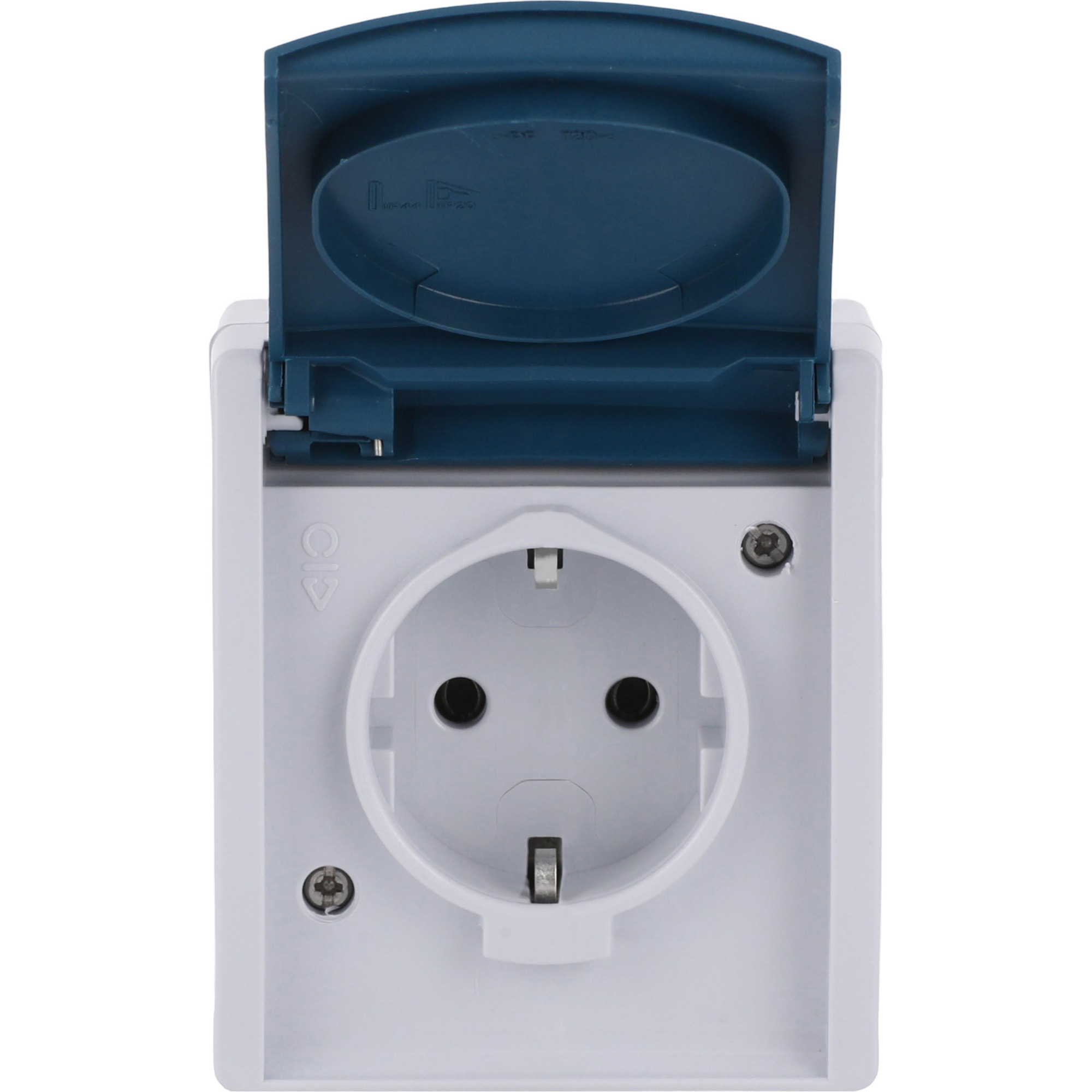 Schuko-Steckdose Schutzkontakt Aufputz mit Klappdeckel Typ 20 EW-53, 16 Ampere, 250 Volt
