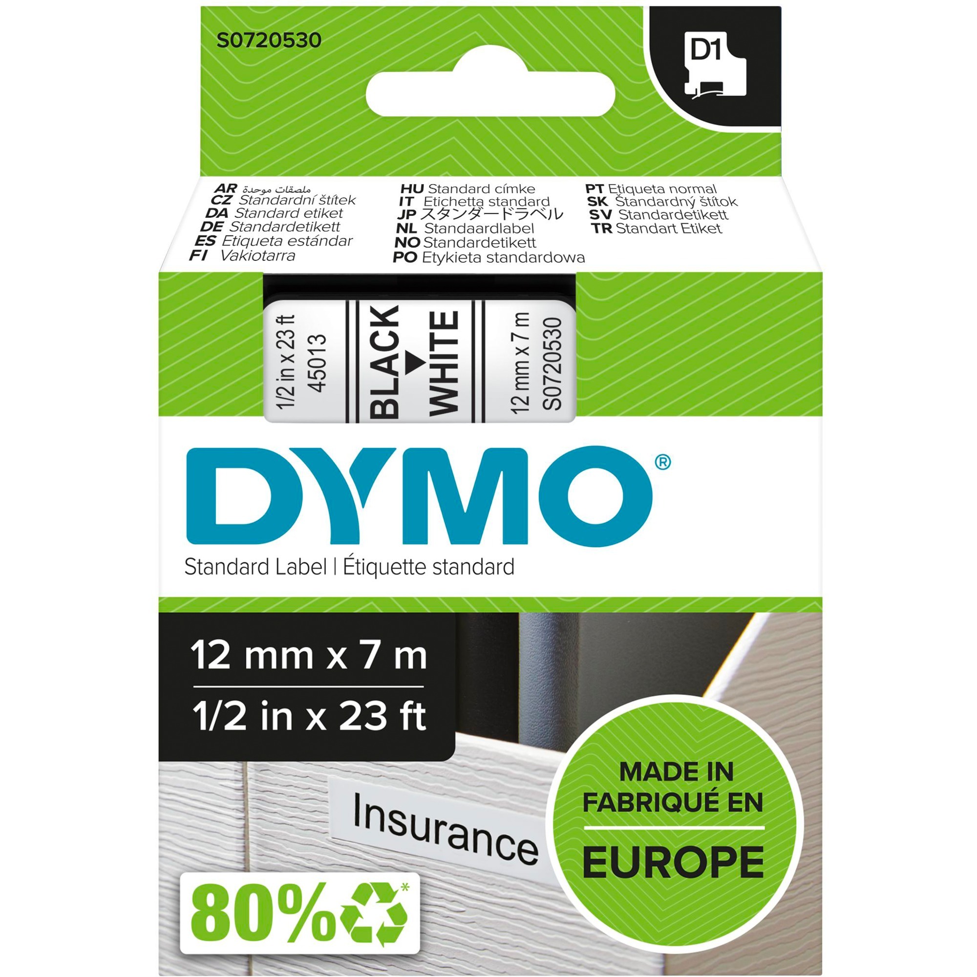 Dymo D1 ORIGINAL Schriftband, schwarz auf weiß, 12mm x 7m | 05411313450133 Dymo D1 ORIGINAL Schriftband, schwarz auf weiß, 12mm x 7m | 05411313450133