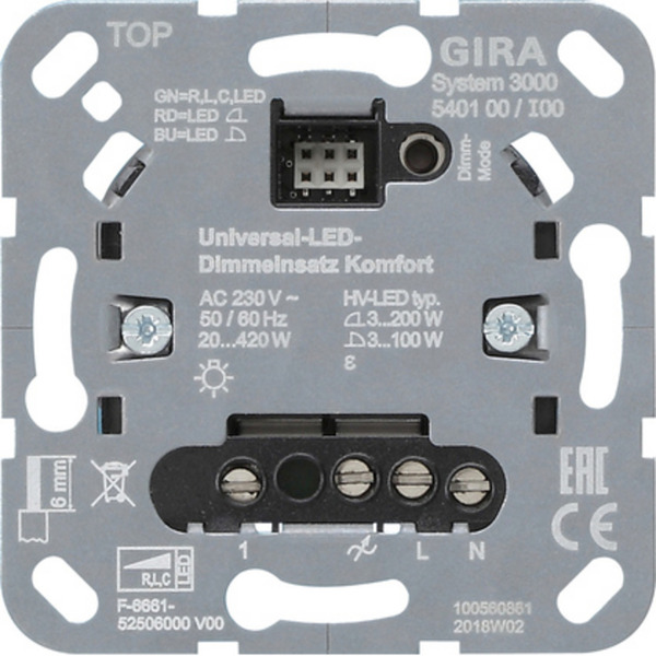 Universal-LED-Dimmeinsatz Komfort, Typ 540100, Unterputz, Drucktaster, dimmbar, Dimmer