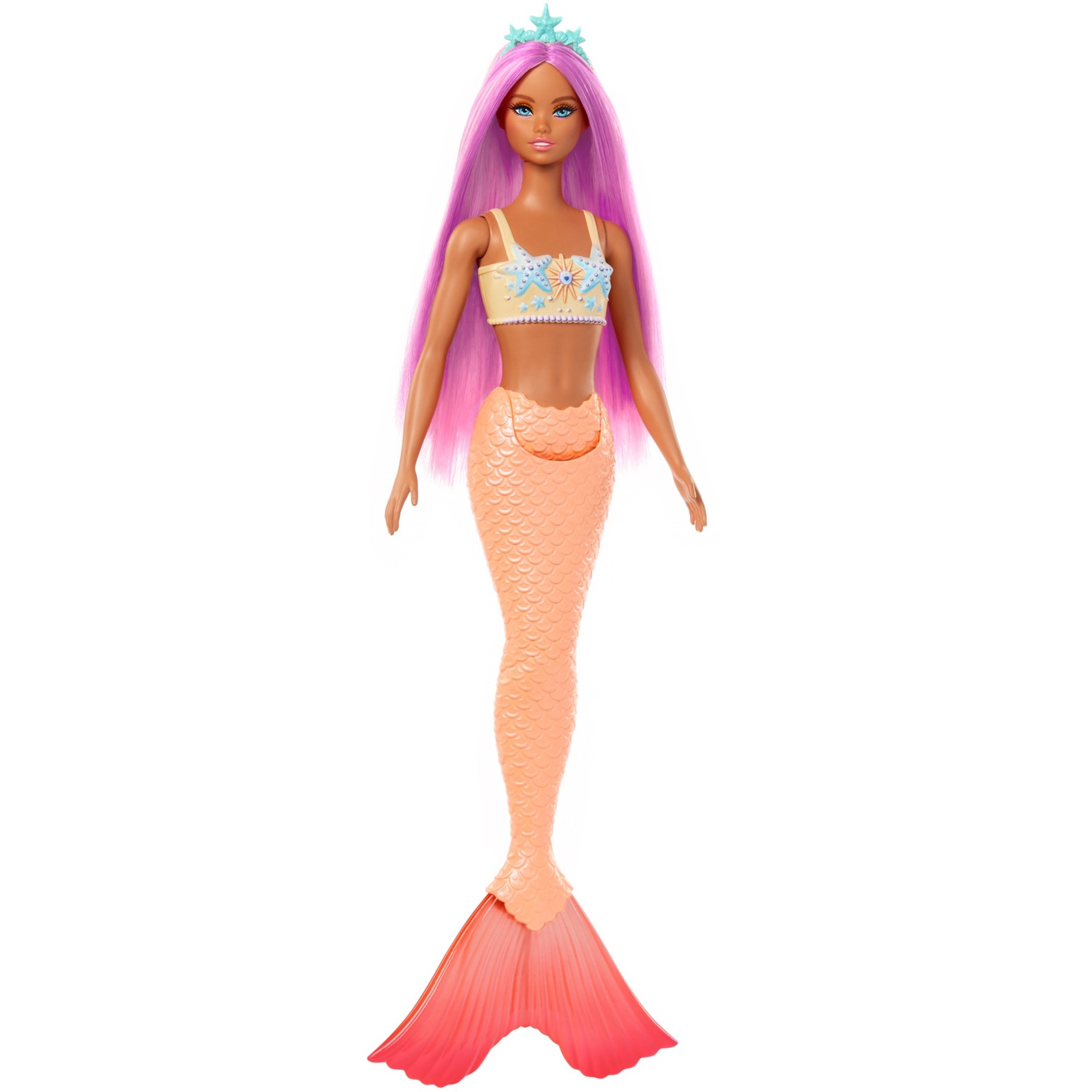 Barbie Meerjungfrau mit pinkem Haar, orangefarbener Schwanzflosse und Haarband, Puppe