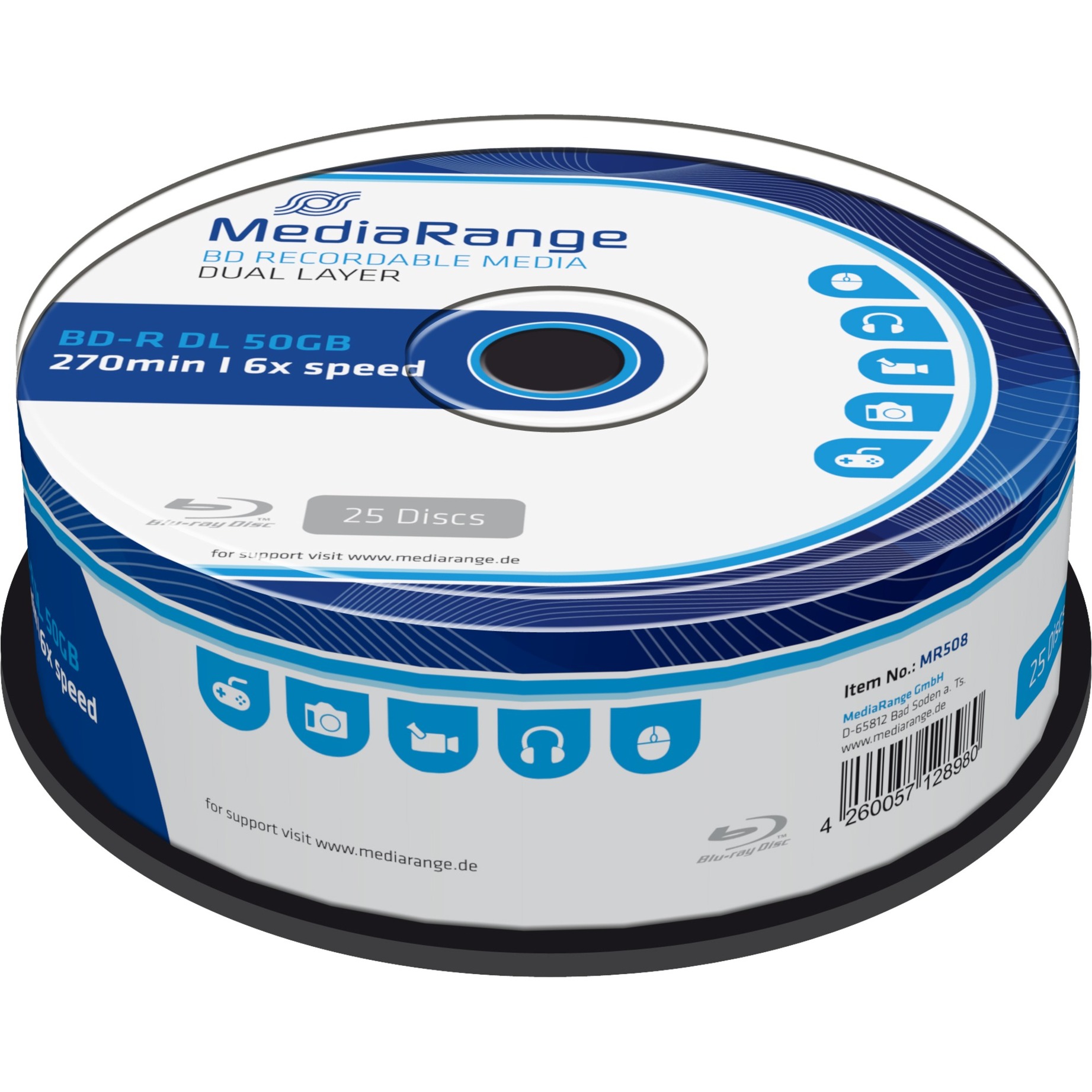 MediaRange BD-R Dual Layer 50 GB, Blu-ray-Rohlinge | 04260057128980 MediaRange BD-R Dual Layer 50 GB, Blu-ray-Rohlinge | 04260057128980