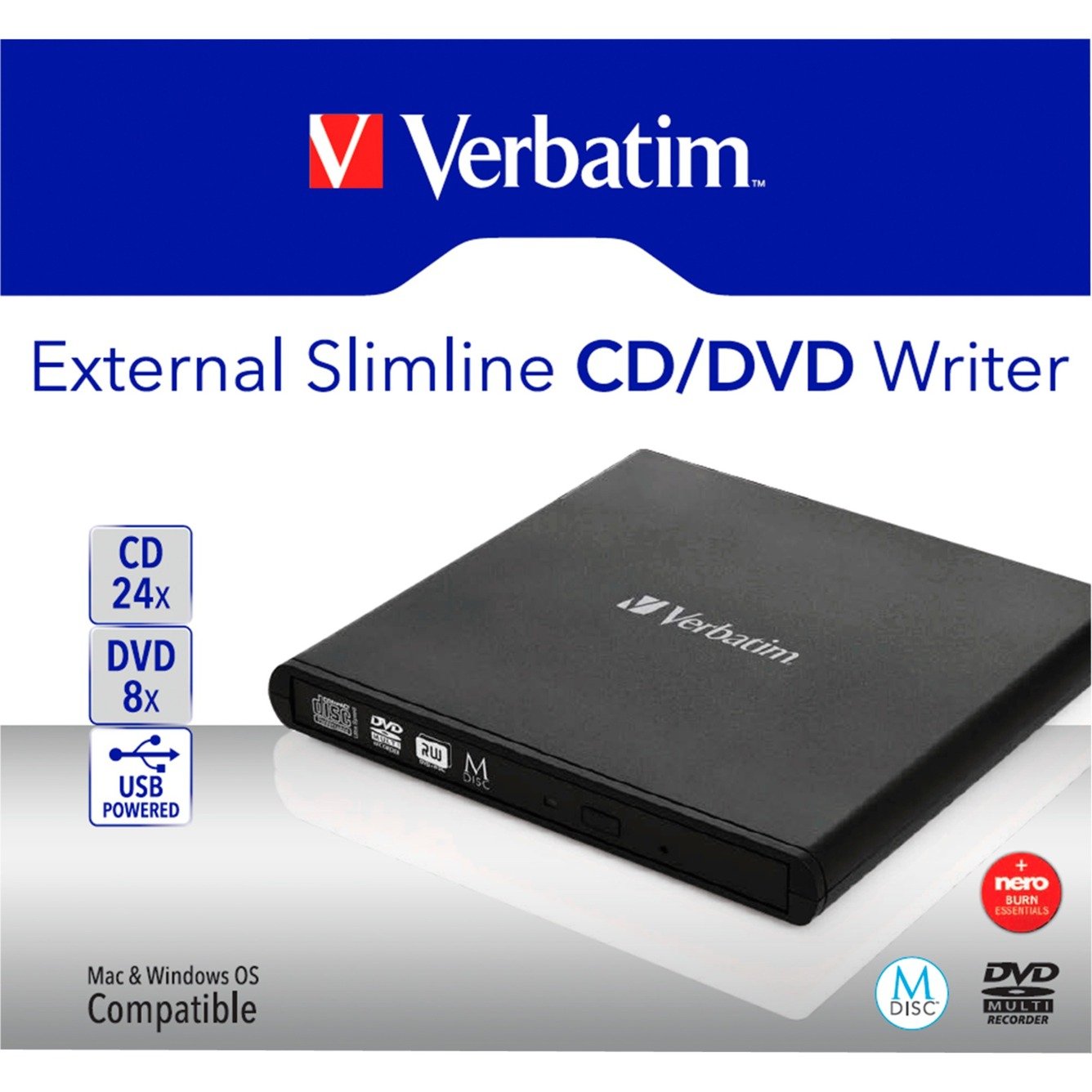 Verbatim External Slimline CD/DVD Writer, externer DVD-Brenner schwarz