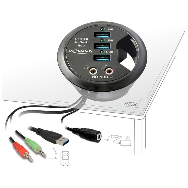 Delock Tisch-Hub 3 Port USB 3.0 + HD-Audio Ports, USB-Hub | 04043619619900 Delock Tisch-Hub 3 Port USB 3.0 + HD-Audio Ports, USB-Hub | 04043619619900