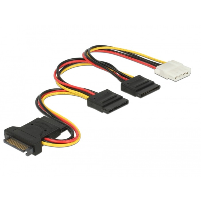 SATA 15 Pin Stecker > 3 x SATA Buchse + 1 x 4 Pin Buchse 20 cm (PCB), Kabel