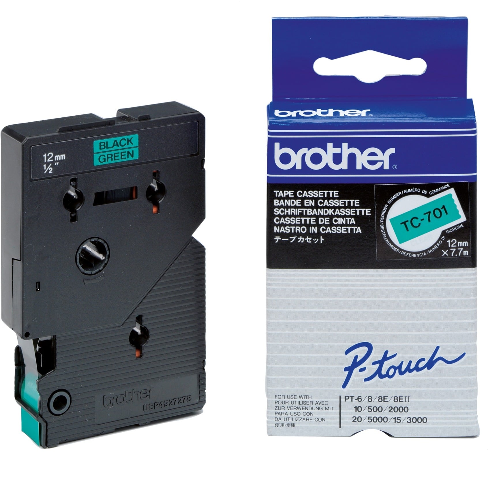 Brother P-touch Schriftband TC-701 12mm x 7,7m schwarz/grün laminiert selbstklebend 4977766050623 Brother