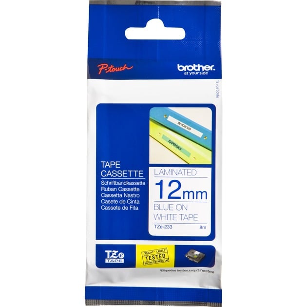Brother P-touch Schriftband TZe-233 12mm x 8m blau/weiß laminiert selbstklebend 4977766685276 Brother 8 Meter