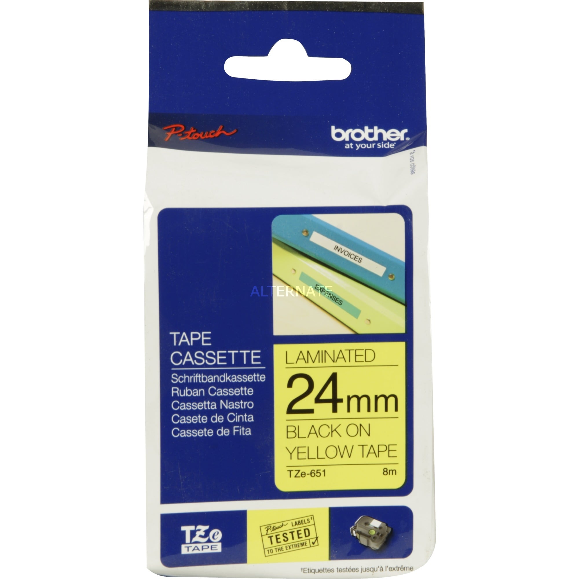 Brother P-touch Schriftband TZe-651 24mm x 8m schwarz/gelb laminiert selbstklebend 4977766686747 Brother 8 Meter