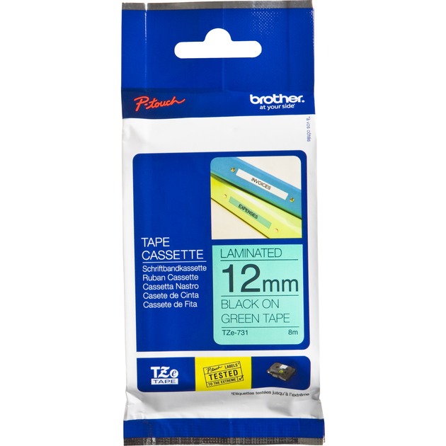 Brother P-touch Schriftband TZe-731 12mm x 8m schwarz/grün laminiert selbstklebend 4977766691352 Brother 8 Meter