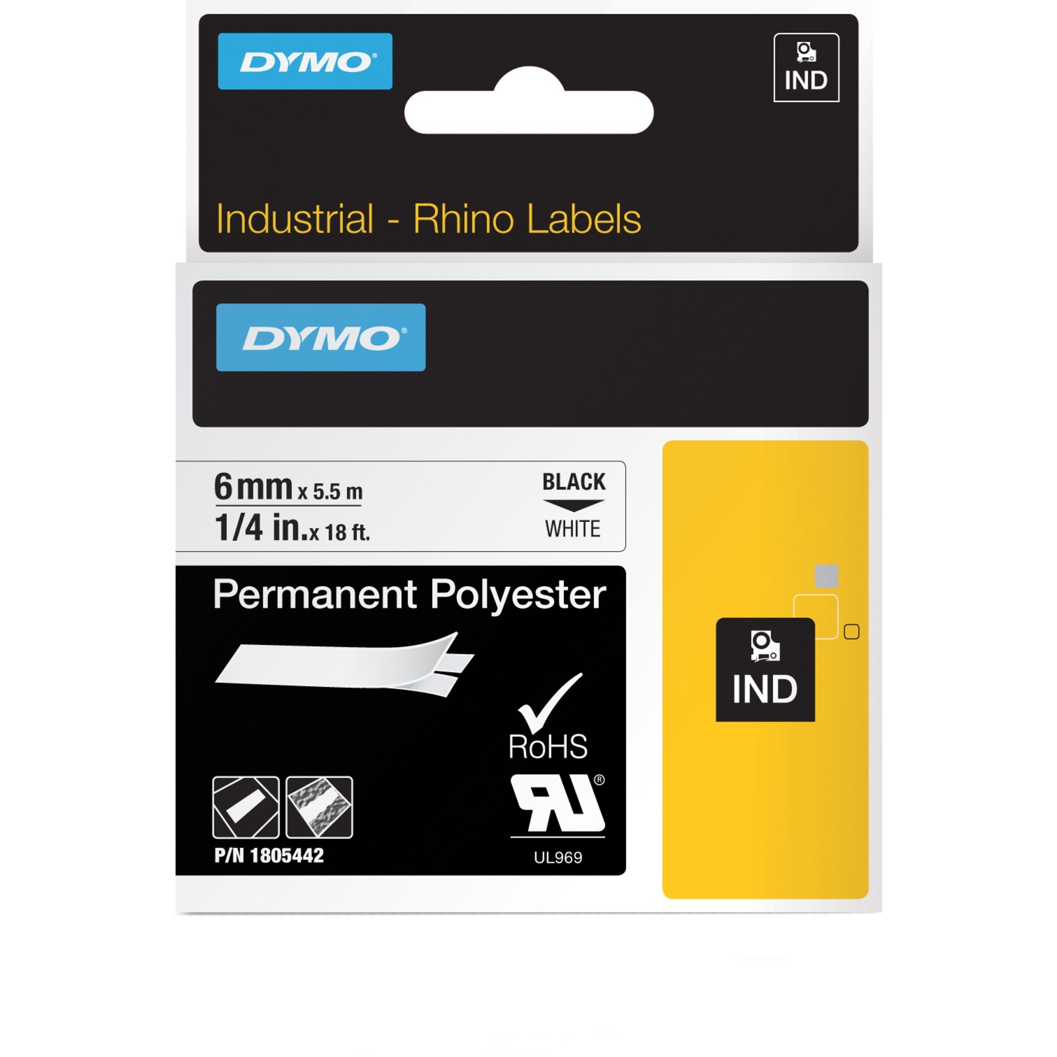 Dymo Rhino IND ORIGINAL Schriftband Polyester 6mm x 5,5m, schwarz auf weiß | 00071701059970