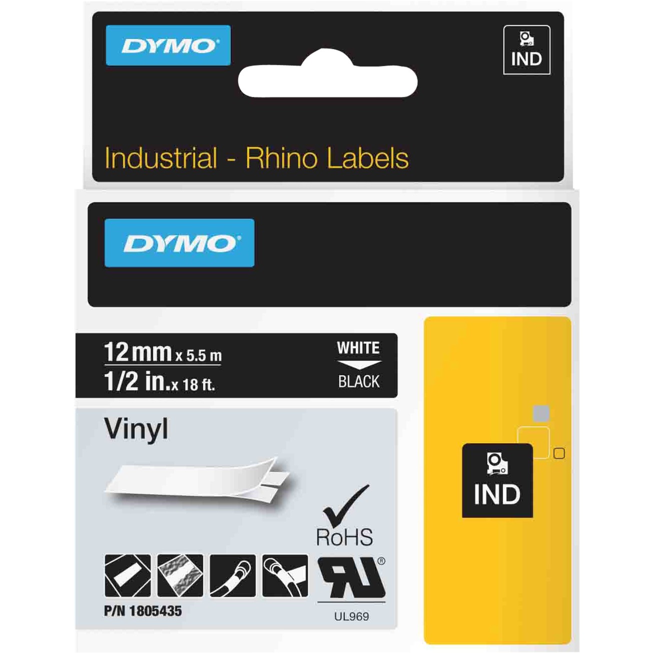 Dymo Rhino IND ORIGINAL Schriftband Vinyl 12mm x 5,5m, weiß auf schwarz | 00071701059918 Dymo Rhino IND ORIGINAL Schriftband Vinyl 12mm x 5,5m, weiß auf schwarz | 00071701059918