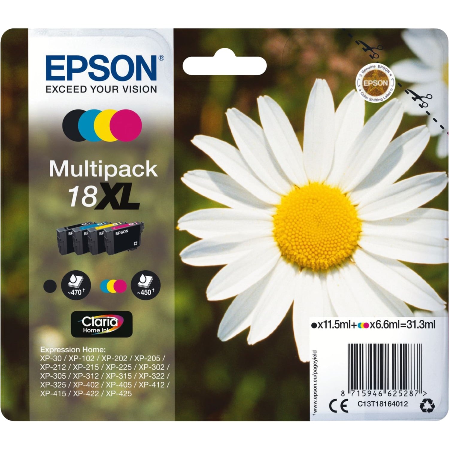 Epson Druckerpatrone Claria Home 18XL (C13T18164012), Multipack, schwarz, cyan, magenta, gelb 8715946625287 Epson 4 Stück