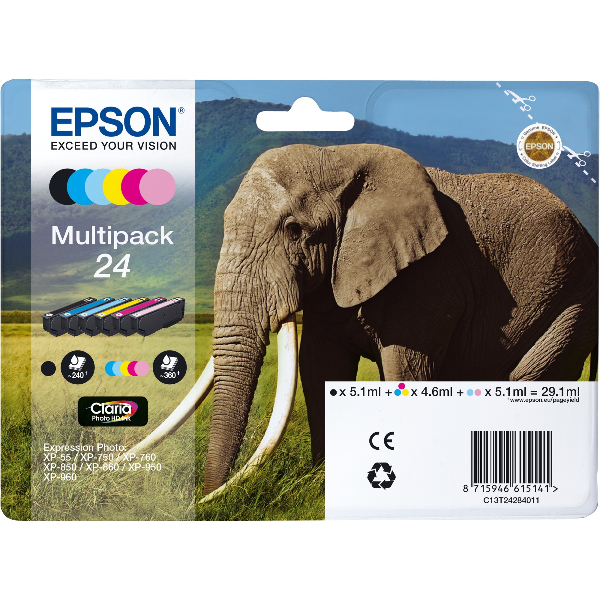 Epson Druckerpatrone Claria Photo HD 24 (C13T24284011), Multipack, schwarz, cyan, magenta, gelb, fotocyan, fotomagenta 8715946615141 E 6 Stück